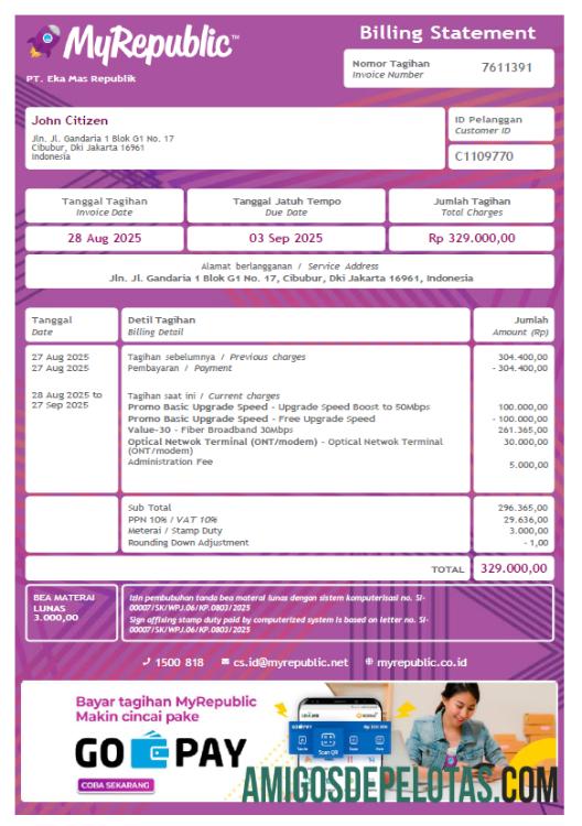 Para baixar modelo de conta de serviços públicos da Indonésia My Republic em formatos Word e PDF